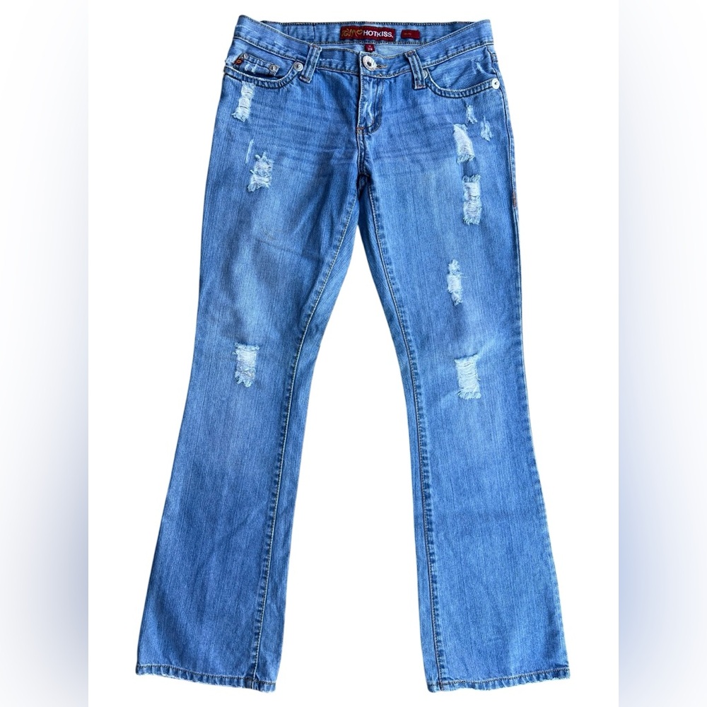 VTG Y2K 90s HOT KISS Low Rise Flare Jeans Sz 7/ 28 Made in Hong Kong Distressed